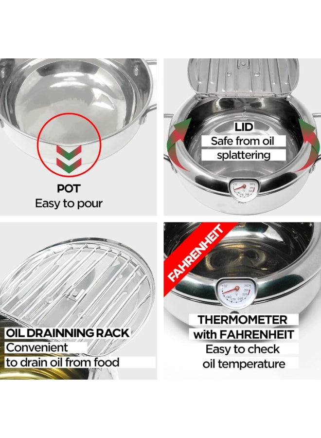 حلة قلى ستانلس ستيل بترمومتر وغطاء مصفاة – 2.2 لتر لتحمير البطاطس والفراخ والجمبري على الغاز والكهرباء والاندكشن - Image 3